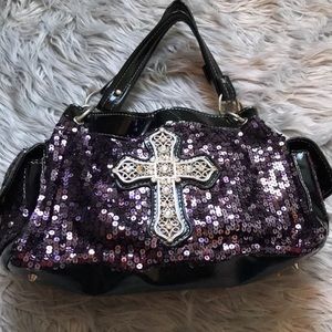 Purple Sequined Purse with Cross Embellishment